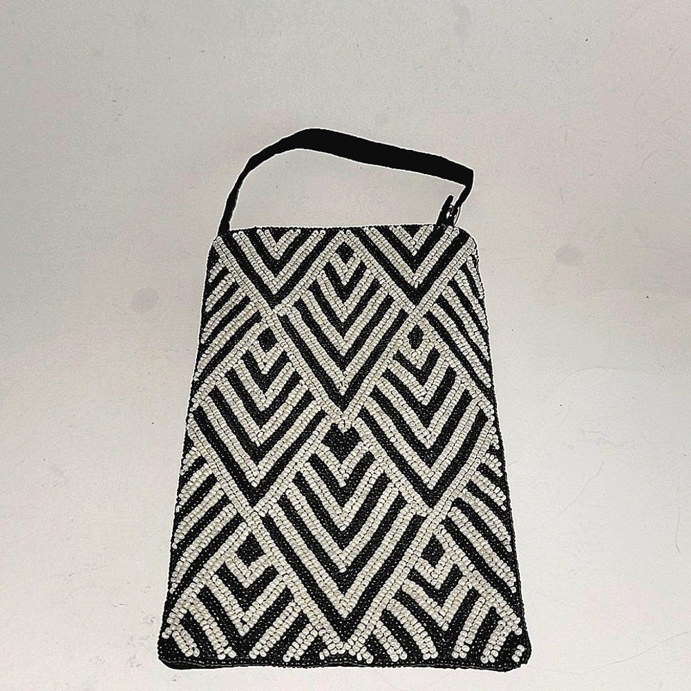 BAMBOO TRADING CO. HANDMADE CLUB BAG IN BLK & WHITE GEOMETRIC PATTERN
